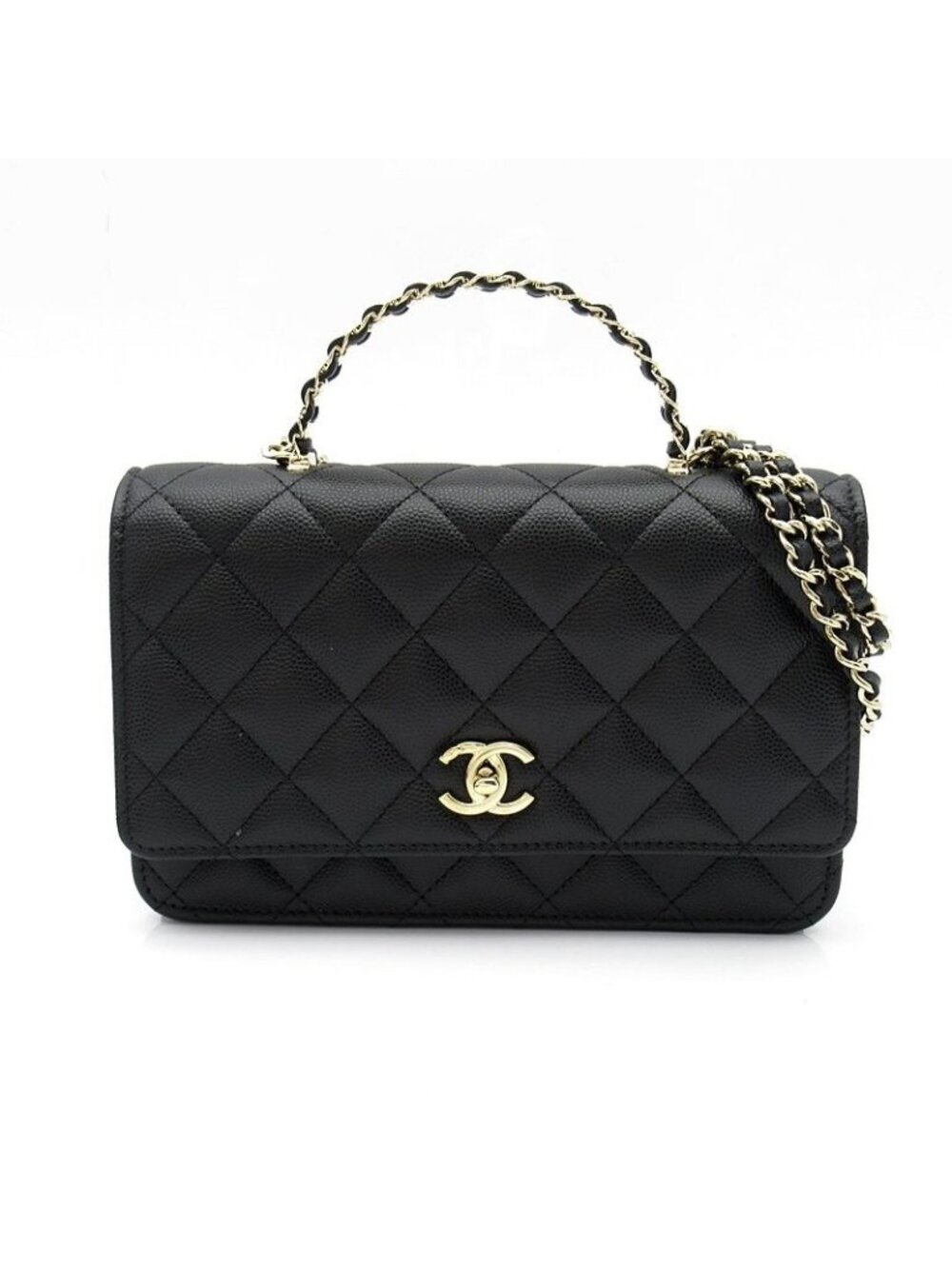 Chanel Top Handle Chain Wallet Caviar Leather Shoulder Bag Black
